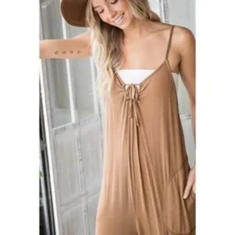SOLD OUT Camel Bohemian Solid Convertible Oversized Wide Leg Casual Jumpsuit - Picture 4 of 5